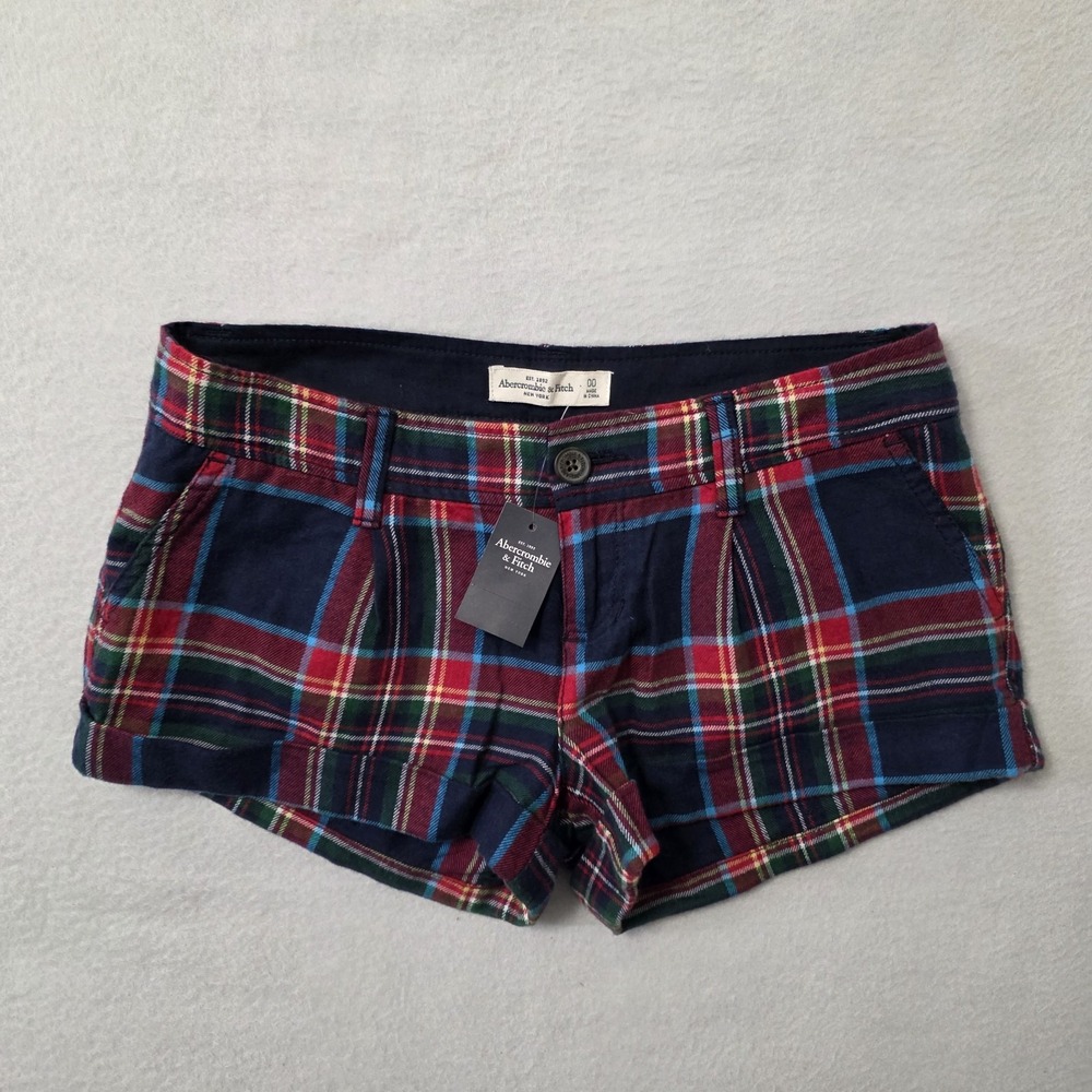 Vintage Y2k Abercrombie Fitch Women 00 Cotton Wool Mini Shorts Plaid Pleated New